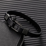 Men's Black Stainless Steel U-Shape Biker Leather Bracelet – Screw Shackle Buckle Wristband | Couple's Jewelry Bangle