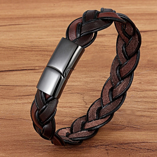 Men's Fashion Braided Brown Leather Bracelet – Stainless Steel Magnetic Clasp | Charm Bangle Wristband Gift