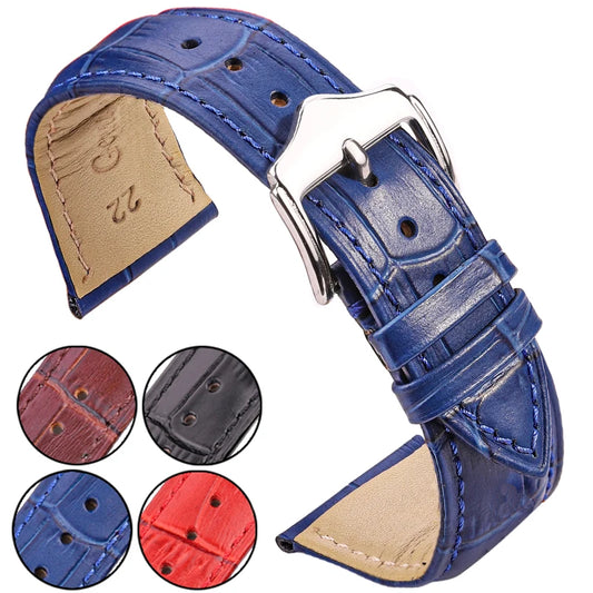 Genuine Cow Leather Watchband – Crocodile Pattern Strap in Black, Brown, Red & Blue for Men & Women | 18mm to 24mm Sizes Available