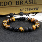 Men's 8mm Black Lava Beads Bracelet – Adjustable Braided Rope with Tiger Eye | Couple's Distance Yoga Healing Jewelry