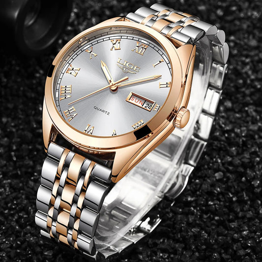 LIGE Women's Luxury Dress Watch: Top Brand Waterproof Quartz Gold Watch with Stainless Steel Strap, Date Display