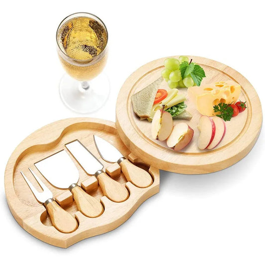 Cheese Slicer and Cutting Board Set: Stainless Steel with Wooden Handle, Includes Cutting Board, Knives, Fork, and Shovel