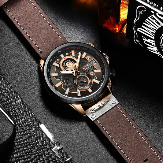 CURREN Men's Sports Luxury Watch: Chronograph, Military Style, Genuine Leather, Waterproof Wristwatch, Masculine Timepiece