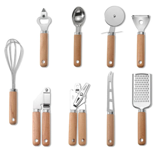 Wooden Handle Kitchen Gadgets Set: Stainless Steel Opener, Pizza Skin-Peeler, and Cheese Knife