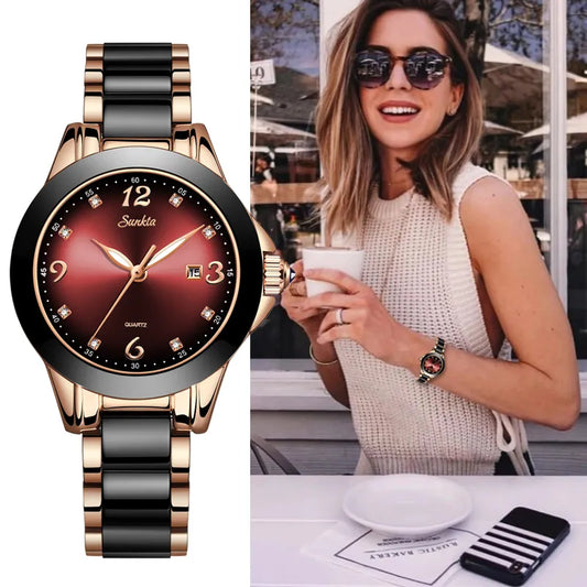 Top Brand Luxury Ceramics Women's Watch: Waterproof with and Metal Strap