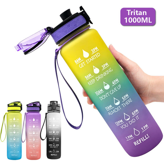 1L TRITAN Leakproof Water Bottle: Matte Gradient with Time Marker for Hiking, Cycling, Camping, Running, and Yoga