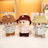 Labubu Doll Plaid Shirt & Stripe Shorts Set – 17cm Plush Fashion Outfit with Hat for Trendy Doll Styling & Cute Accessories Gift