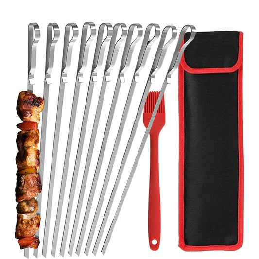 Reusable 410 Stainless Steel BBQ Skewers – Heavy-Duty Long Kabob Sticks for Grilling, Wide Barbecue Skewers