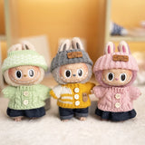 Labubu V1/V2 Party Outfit Set – 17cm Plush Doll Clothes with Bear Label Sweater, Jean Shorts, Scarf & Hat Accessories