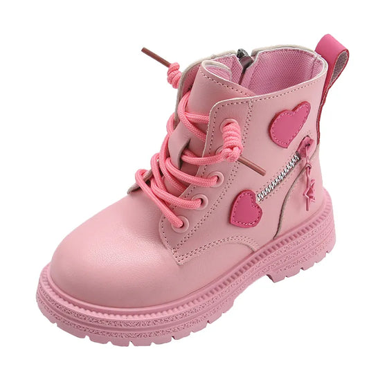 Girls' Fashion Rubber Boots: Stylish Pink with Love Design, Soft Cotton Lining, Side Zip, Princess Round-toe PU