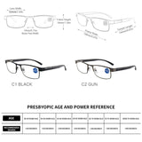 Men's Business Presbyopic Reading Glasses: Stainless Steel Frames, Anti-Blue Light Eyeglasses with Various Magnification Options