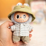 Labubu Doll Plaid Shirt & Stripe Shorts Set – 17cm Plush Fashion Outfit with Hat for Trendy Doll Styling & Cute Accessories Gift