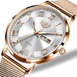 LIGE Women's Ultra-Slim Bracelet Watch: Luxury Week Date Fashion Dress Watch, Rose Gold Clock