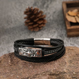 Men's Viking Compass Bracelet – Multilayer Leather with Norse Runes Amulet & Stainless Steel | Vintage Norse Mythology Jewelry