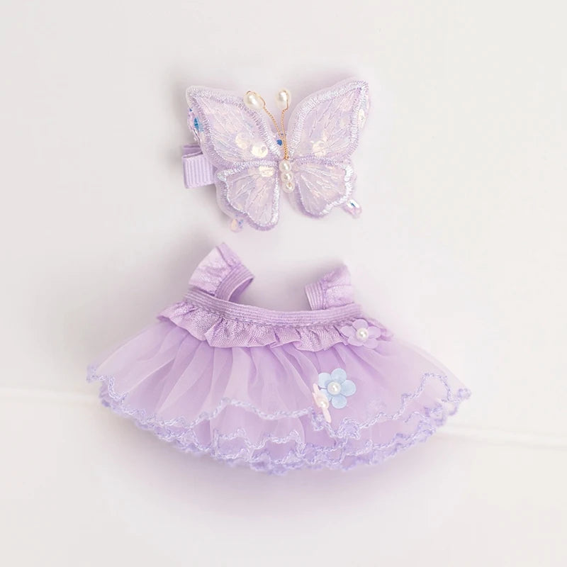 Labubu V1/V2 Flower Fairy Dress Set – 17cm Doll Clothes with Purple Butterfly Hairpin & Strap Skirt for Magical Dress-Up Play