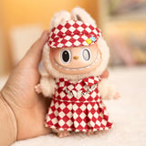 17cm Labubu Doll Checkerboard Tennis Outfit Set – Suspender Pants & Shirt Trendy Fashion Clothes for Baby Pendant Dolls