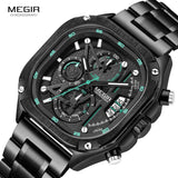 MEGIR Men's Waterproof Black Quartz Watch: Square Dial, Chronograph, Stainless Steel Strap, and Auto Date