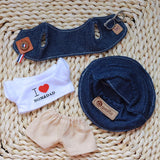 Labubu Doll Denim Outfit Set – 17cm Cowboy Hat, Denim Jacket, White T-Shirt & Khaki Shorts Fashion Clothes for Plush Dolls