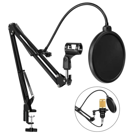 Adjustable Suspension Arm Stand with Pop Filter - Microphone Holder Clip and Table Mounting Clamp for BM800 Microphone