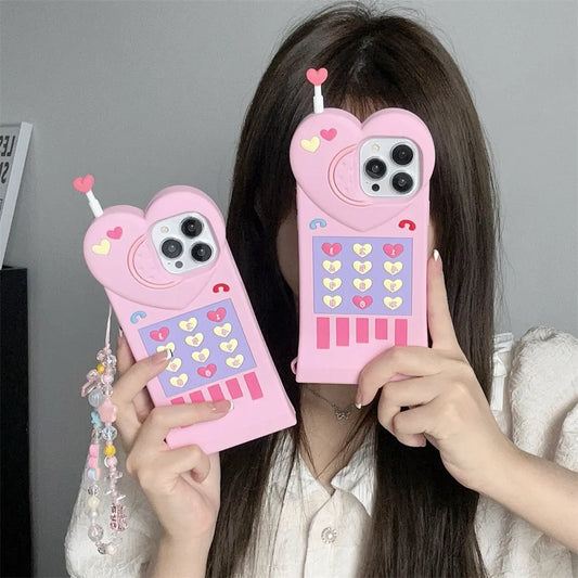 Adorable 3D Pink Love Heart Antenna Telephone Silicone Case for iPhone 11-15 Pro Max