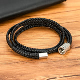 Men's 20cm Double-Layer Braided Brown Leather Bracelet – Stainless Steel Magnetic Clasp | Fashion Jewelry Bangle