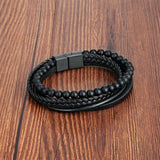 Men's Classic Fashion Volcanic Stone Multilayer Leather Bracelet – Charm with Stainless Steel Magnetic Clasp | Bangle Jewelry Gift