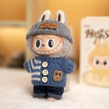 Labubu V1/V2 Party Outfit Set – 17cm Plush Doll Clothes with Bear Label Sweater, Jean Shorts, Scarf & Hat Accessories