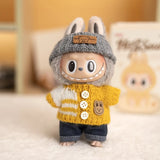 Labubu V1/V2 Party Outfit Set – 17cm Plush Doll Clothes with Bear Label Sweater, Jean Shorts, Scarf & Hat Accessories