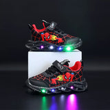 Spring-ready Disney Spiderman LED Sneakers for boys in Red and Black, sizes 21-30, with built-in lights and a non-slip sole