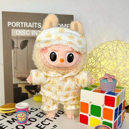 Pajama Set with Eye Mask for 17cm Labubu Dolls – Soft Cotton Sleepwear Outfit Accessories for Plush Fans