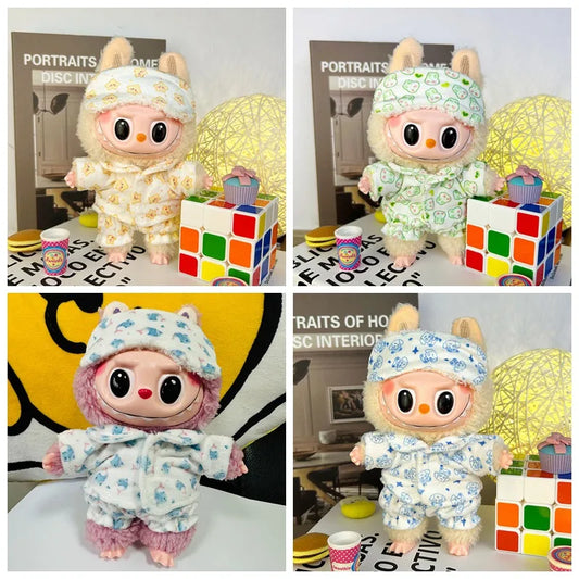 Pajama Set with Eye Mask for 17cm Labubu Dolls – Soft Cotton Sleepwear Outfit Accessories for Plush Fans