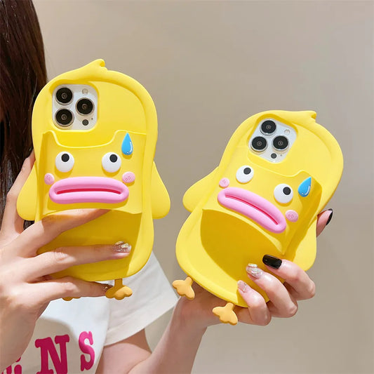 Adorable 3D Duck with Slipper Design Silicone Case for iPhone 11 to 15 Pro Max, Fun Cartoon Style