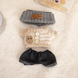 Labubu V1/V2 Party Outfit Set – 17cm Plush Doll Clothes with Bear Label Sweater, Jean Shorts, Scarf & Hat Accessories