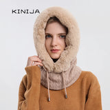 Women's Winter Hooded Fur Cap Set: Knitted Cashmere, Windproof Balaclava, Thick Plush Beanie