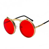 Steampunk Flip-Up Sunglasses for Men and Women: Retro Round Metal Frame Sun Glasses with Hinge Design, Curved Glasses Legs, and UV400 Protection