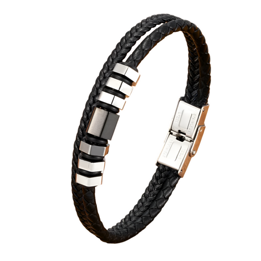 Men's Trendy Geometric Double-Layer Braided Leather Bracelet – Stainless Steel Buckle | Charm Bangle Jewelry