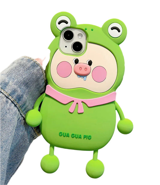 Charming 3D Pig with Frog Hat and Jade Bracelet Silicone Case for iPhone 11-15 Pro Max