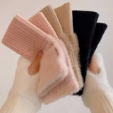 Warm Half Finger Gloves for Women: Luxurious Solid White Mink Fleece, Soft Knitted Fingerless Design, Perfect for Winter