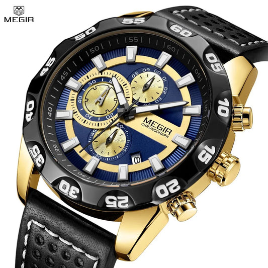 MEGIR Men's Luxury Sport Military Watch: Waterproof, Luminous Quartz Wristwatch with Leather Strap