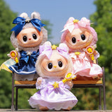 Labubu Doll Sakura Dress Outfit Set – 17cm Doll Clothes with Bow Hairpin, Magic Wand & Four-Piece Accessories for Stylish Play