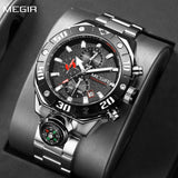 MEGIR Luxury Business Quartz Chronograph Watch: Stainless Steel, Calendar, Luminous