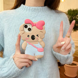 Cute 3D Pink Bow Overall Koala Silicone Phone Case for iPhone 11, 12, 13, 14, 15 Pro Max