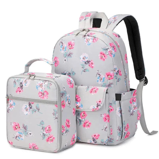 Girls' Flower Backpack and Thermal Lunch Bag: Pink and Grey Floral School Backpack for Girls