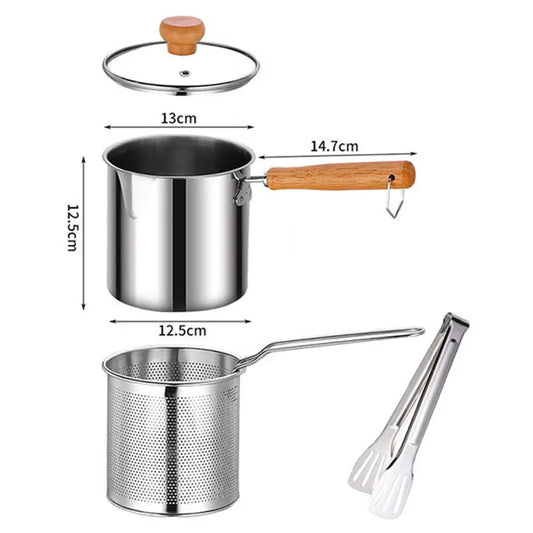 Stainless Steel Deep Frying Pot with Wood Handle and Strainer Basket – Tempura and French Fry Cooker for Chicken and More