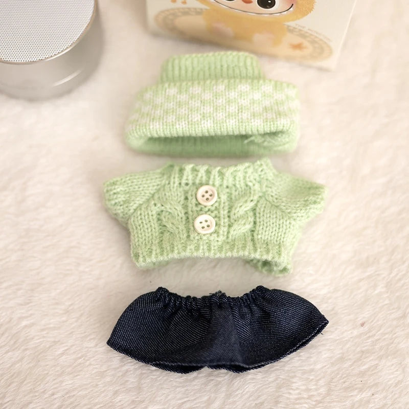 Labubu V1/V2 Party Outfit Set – 17cm Plush Doll Clothes with Bear Label Sweater, Jean Shorts, Scarf & Hat Accessories