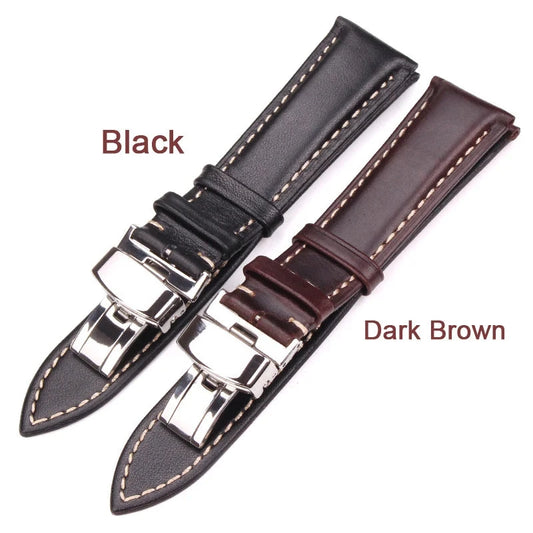 Vintage Genuine Leather Watch Band – Dark Brown Smooth Strap for Men & Women | 18mm to 24mm with Metal Butterfly Deployment Clasp