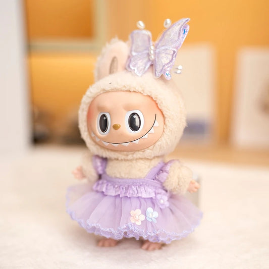 Labubu V1/V2 Flower Fairy Dress Set – 17cm Doll Clothes with Purple Butterfly Hairpin & Strap Skirt for Magical Dress-Up Play