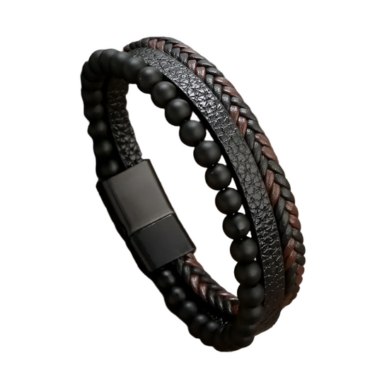 Men's Fashion Volcanic Stone Leather Bracelet – Multilayer Beaded Design with Magnetic Clasp | Charm Wrap Bangle Jewelry Gift