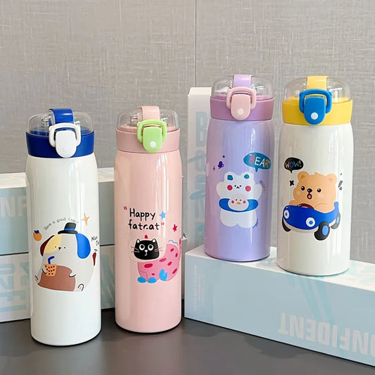 Cartoon Stainless Steel Vacuum Flask – Portable 350ml/500ml Kids Thermos Mug with Straw | Cute Travel Thermal Water Bottle Tumbler