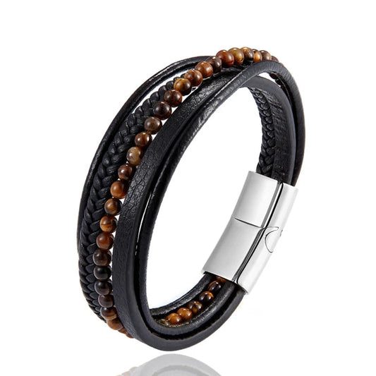 Men's Multi-Layer Braided Leather Bracelet – Natural Tiger's Eye Beads with Stainless Steel Magnetic Clasp | Fashion Jewelry